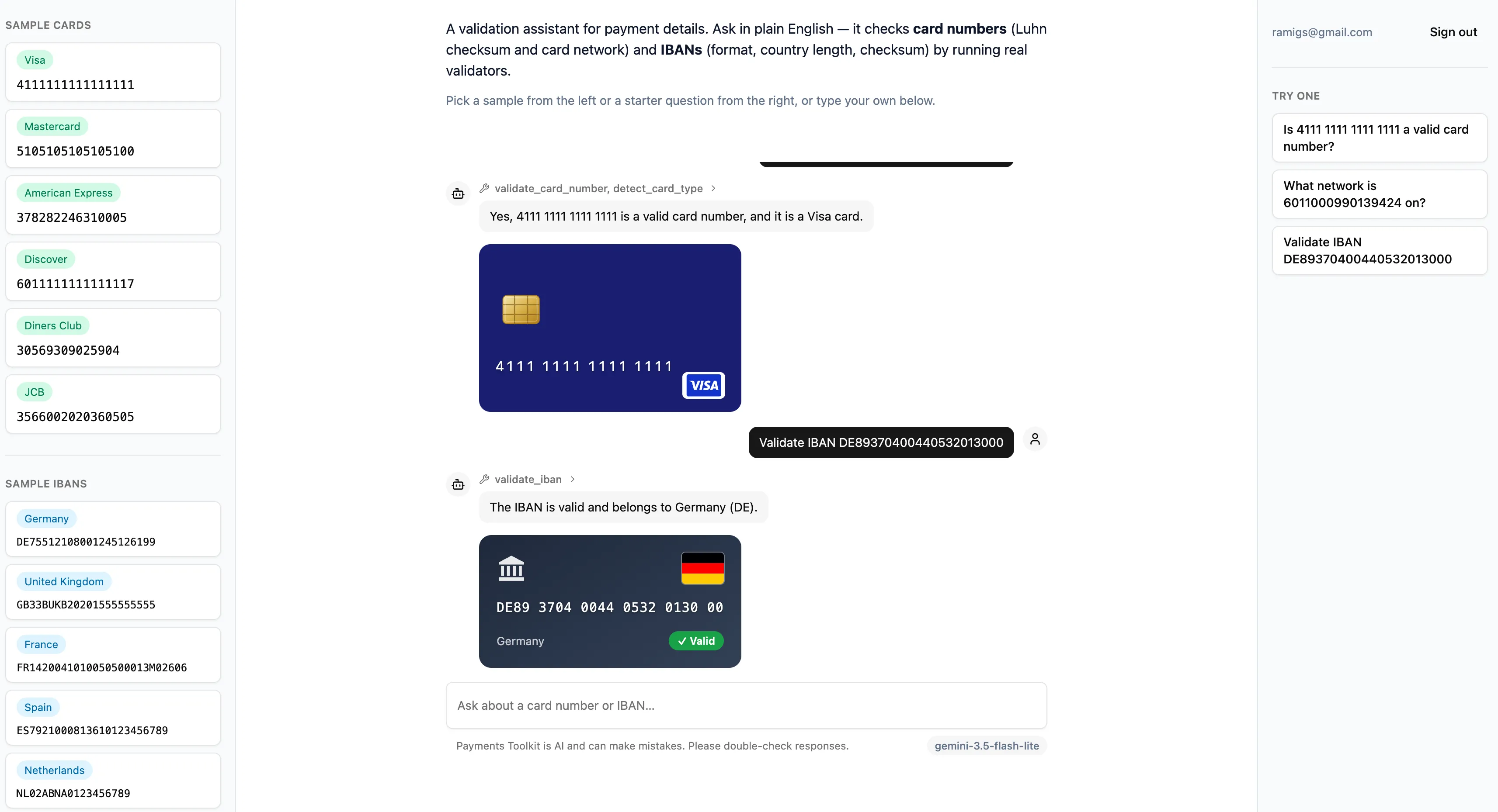 payments-toolkit-frontend chat showing a validated Visa card and a validated German IBAN, each rendered as an MCP Apps widget