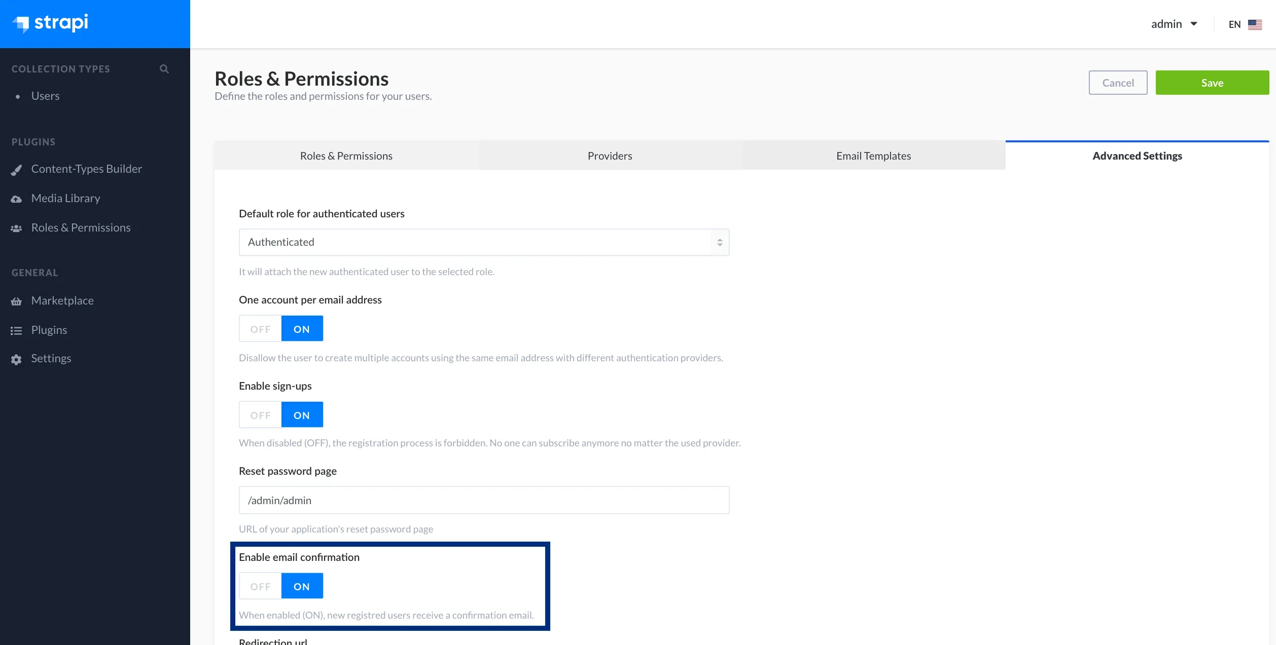 Enable email confirmation Strapi