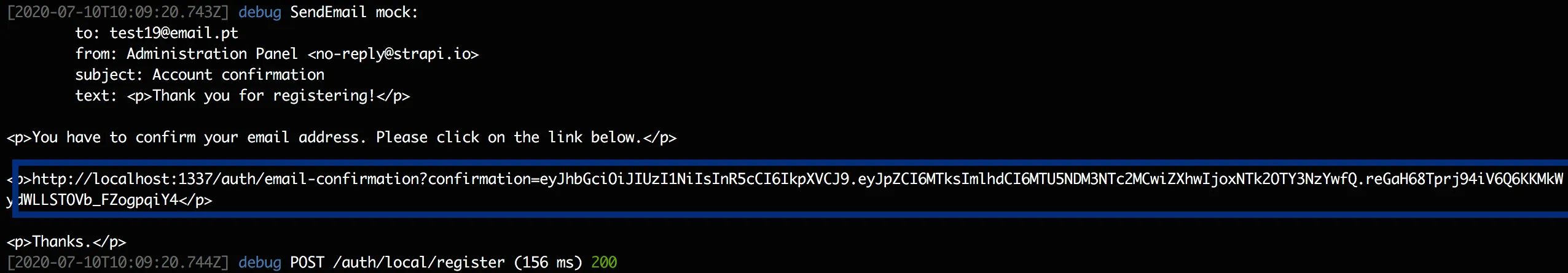 Strapi Register Email Console