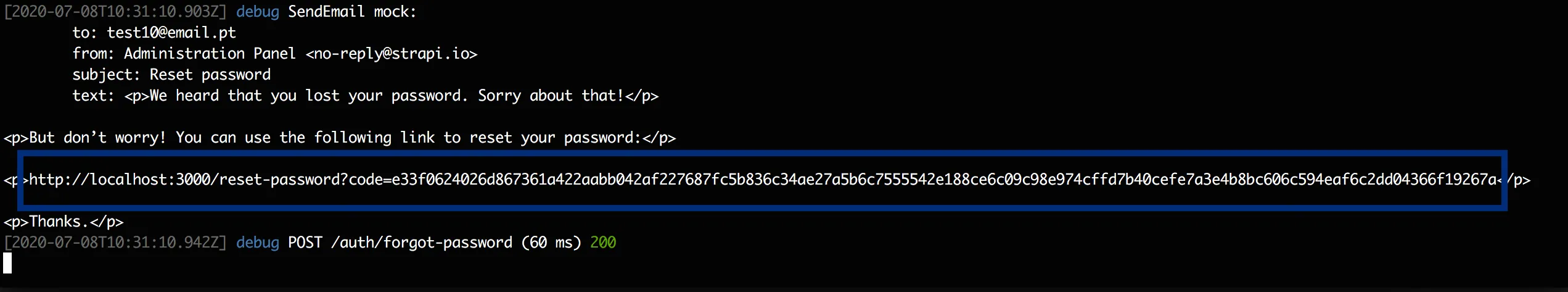 Strapi Reset Password Email Console